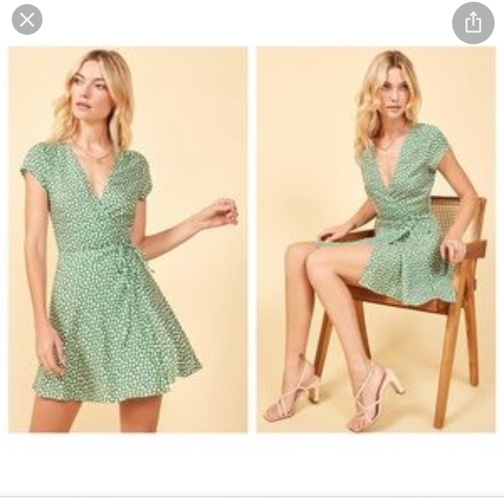 Reformation Green Ports Linen Blend Mini Wrap Floral Dress